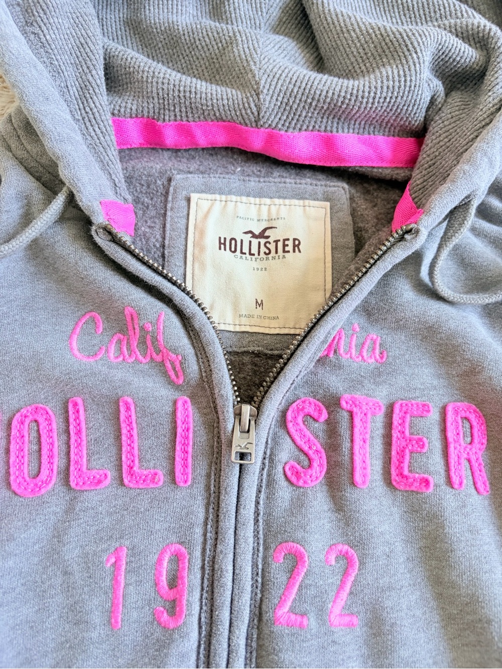 🩷 Hollister Y2K Grey Pink Logo Full Zip Hoodie McBling Mall Bella Swan Preppy - Picture 2 of 13